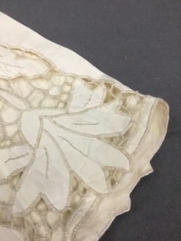 Womens, Gloves 1890s-1910s, Bone White, Leather, Solid, Floral, Elbow Length  Bone White Leather, Open Lace work/Cream Embroidery in Floral Pattern,