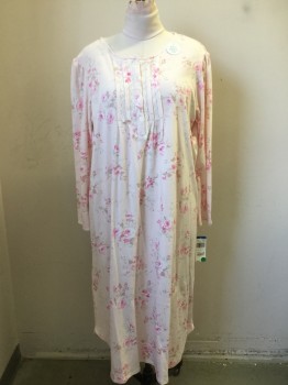 Womens, Nightgown, MISS ELAINE, Lt Pink, White, Taupe, Pink, Cotton, Polyester, Floral, XL, Long Sleeves, Scoop Neck with White Lace Trim, Vertical Pintuck Bib with White Lace Trim, 4 Button Front, Scallopped Hem, Ankle Length