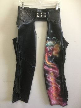 Mens, Chaps, MTO, Black, Hot Pink, Green, Orange, White, Leather, Novelty Pattern, 28, 3 Silver Snap Front, 'Demon' Air Brushed on Left Leg, Leather Fringe on Outseam, Outseam Zippers