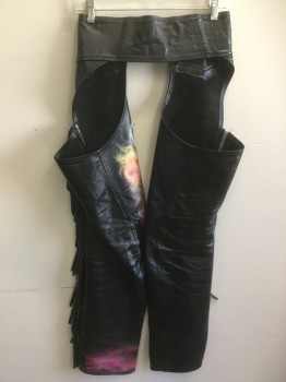 Mens, Chaps, MTO, Black, Hot Pink, Green, Orange, White, Leather, Novelty Pattern, 28, 3 Silver Snap Front, 'Demon' Air Brushed on Left Leg, Leather Fringe on Outseam, Outseam Zippers