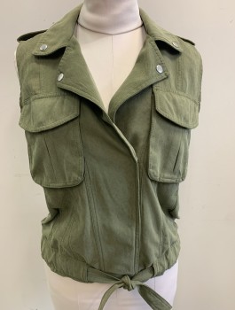 COFFEE SHOP, Olive Green, Polyester, Nylon, Solid, Snap Front, Notched Collar Attached, Epaulettes at Shoulders, 4 Pockets, Self Thick Drawstring Waist