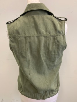 COFFEE SHOP, Olive Green, Polyester, Nylon, Solid, Snap Front, Notched Collar Attached, Epaulettes at Shoulders, 4 Pockets, Self Thick Drawstring Waist