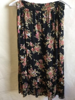 ALEXIS & RYAN, Black, Brick Red, Lt Brown, Lt Olive Grn, Brown, Polyester, Floral, Sheer with Solid Black Lining, 1-3/4" Waist Band Front & Elastic Back, 8" Ruffle Hem