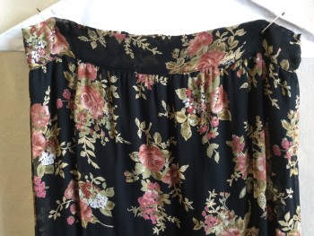 ALEXIS & RYAN, Black, Brick Red, Lt Brown, Lt Olive Grn, Brown, Polyester, Floral, Sheer with Solid Black Lining, 1-3/4" Waist Band Front & Elastic Back, 8" Ruffle Hem