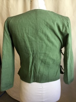 Unisex, Sci-Fi/Fantasy Jacket, N/L (MTO), Green, Dk Green, Gray, Linen, Polyester, Solid, Color Blocking, 44, Shinny Dark Green Lining, V-neck, Wraparound with Ties, 3/4 Sleeves