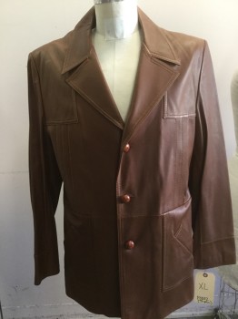 Brown, Leather, Solid, Blazer 3 Button Front, 3 Pin Tucks,  Notched Lapel, Top Stitch