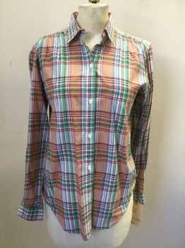 Womens, Shirt, JOHN HENRY, Peach Orange, Kelly Green, Turquoise Blue, Faded Red, Cotton, Plaid, Sz8, 38B , Button Front, Collar Attached, 1 Pocket, Long Sleeves, Gathers at Yoke and Shoulders
