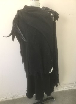 N/L MTO, Black, Cotton, Feathers, Solid, Aged Multi Textured Garment, with Panels of Homespun Cotton, Crochet, Etc, Worn Frayed Edges, Black Feather Detail at Side Near Shoulder, 3 Plastic Buckles at Other Shoulder, Made to Order