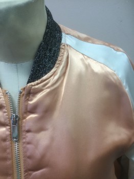 NOISY MAY, Peachy Pink, Ivory White, Black, Silver, Polyester, Color Blocking, Animals, Doubles, Zip Front, Satin, Bomber Style, 2 Pockets, Black/Silver Knit Collar/Cuffs/Waist