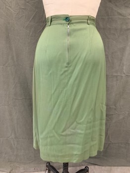 Womens, Skirt, MTO, Dk Olive Grn, Cotton, Solid, W 26, 1 3/8" Waistband, Belt Loops, Button/Zip Back, 4 Center Front Button Detail Top, 4 Center Front Button Detail Near Hem, Accordion Pleats, Hem Below Knee, 1940's  * Areas of Rust Color Discoloration*