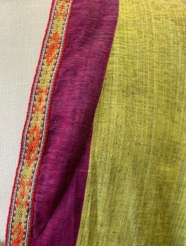 N/L MTO, Multi-color, Fuchsia Pink, Lime Green, Yellow, Silk, Stripes - Vertical , Raw Silk, Wide Colorful Stripes, Long Sleeves, Open at Center Front with Self Ties, Yellow/Orange/Red Trim at Edges, Fuchsia Solid Lining **Has Water Stains on Back Shoulder, Holes in Seams at Armpit and Center Back Neck