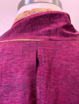 N/L MTO, Multi-color, Fuchsia Pink, Lime Green, Yellow, Silk, Stripes - Vertical , Raw Silk, Wide Colorful Stripes, Long Sleeves, Open at Center Front with Self Ties, Yellow/Orange/Red Trim at Edges, Fuchsia Solid Lining **Has Water Stains on Back Shoulder, Holes in Seams at Armpit and Center Back Neck
