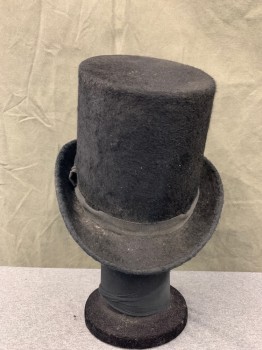 Mens, Historical Fiction Hat , MTO, Black, Fur, 57, 7 1/8, Top Hat, 3/4" Wide Faille Band (Ripped in Front) and Edging at Brim, 6 3/4" Tall Crown, Rolled Side Brim, 1800's