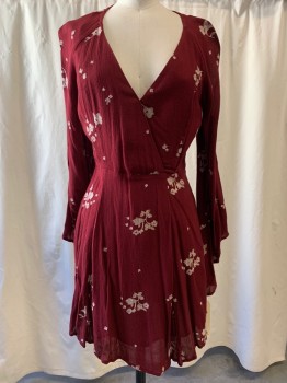 N/L, Wine Red, Rayon, Cotton, Floral, V-neck, Long Bell Sleeves, A-Line Skirt, Pleated Skirt, Knee Length