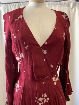 N/L, Wine Red, Rayon, Cotton, Floral, V-neck, Long Bell Sleeves, A-Line Skirt, Pleated Skirt, Knee Length