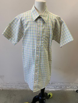 BROOKS BROTHERS, White, Lt Pink, Kelly Green, Yellow, Lt Blue, Cotton, Plaid - Tattersall, Boys Shirt, Short Sleeved Button Front, Collar Attached, 1 Patch Pocket