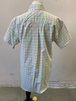 BROOKS BROTHERS, White, Lt Pink, Kelly Green, Yellow, Lt Blue, Cotton, Plaid - Tattersall, Boys Shirt, Short Sleeved Button Front, Collar Attached, 1 Patch Pocket