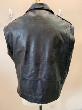 XELEMENT , Black, Leather, Polyester, Solid, (aged/distressed) Black Leather, Black Quilt Lining, Motorcycle Style, Collar Attached with Silver Snap, Epaulettes, Off Side Zip Front, 4 Pockets, Belt Front Bottom with Metal Buckle,