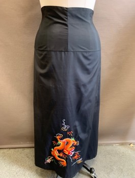 T, Black, Multi-color, Polyester, Asian Inspired Theme, Dropped Waist/Yoke, Dragon Embroidery at Hem, Unusual Upside Down Pockets with Embroidery, Invisible Zipper in Back with Red Ribbon Tie Detail, Slit at Center Back Hem, Unusual Esoteric Design