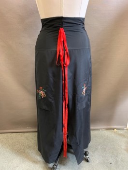 Womens, Skirt, Long, T, Black, Multi-color, Polyester, Asian Inspired Theme, W:29, L, Dropped Waist/Yoke, Dragon Embroidery at Hem, Unusual Upside Down Pockets with Embroidery, Invisible Zipper in Back with Red Ribbon Tie Detail, Slit at Center Back Hem, Unusual Esoteric Design