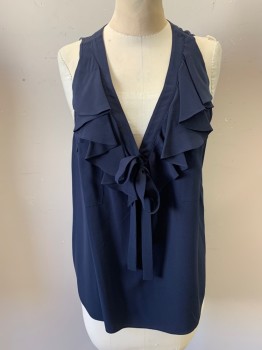 Womens, Blouse, DEREK LAM, Navy Blue, Silk, M, V-neck, Ruffle Front, Half Button Front, Not Made Up Bow at Center Front, 2 Breast Pockets, Sleeveless, Pleated at Back Neck