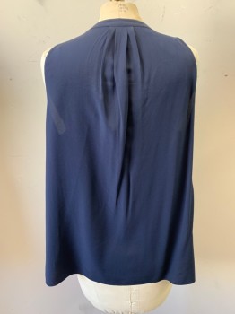 Womens, Blouse, DEREK LAM, Navy Blue, Silk, M, V-neck, Ruffle Front, Half Button Front, Not Made Up Bow at Center Front, 2 Breast Pockets, Sleeveless, Pleated at Back Neck