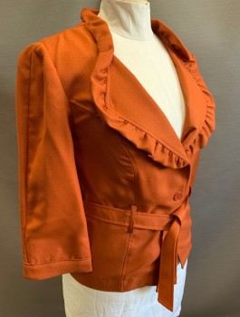 T.MILANO, Burnt Orange, Polyester, Solid, Bumpy Textured Fabric, Single Breasted, 2 Buttons,  Pointed Lapel with Self Ruffled Edge, 3/4 Sleeves, Lightly Padded Shoulders, Belt Loops, **With Matching Fabric Belt