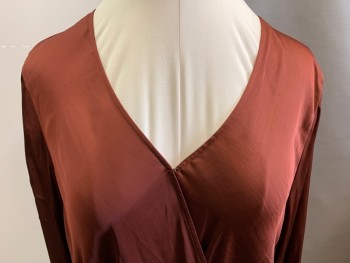 Womens, Top, BANANA REPUBLIC, Brown, Polyester, Solid, XL, Long Sleeves, Surplice Wrap Front, Attached Lt Beige Thong, Pullover,