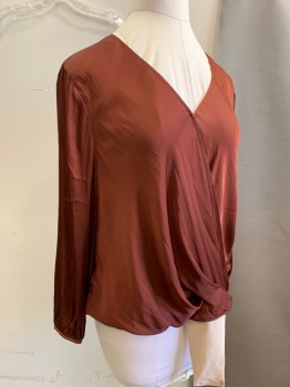 Womens, Top, BANANA REPUBLIC, Brown, Polyester, Solid, XL, Long Sleeves, Surplice Wrap Front, Attached Lt Beige Thong, Pullover,