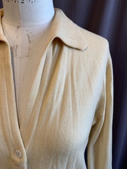 Womens, Sweater, SAKS FIFTH AVENUE, Almond, Cashmere, Solid, B 36, Button Front, V-neck, Collar Attached, Long Sleeves, Ribbed Knit Cuff/Waistband