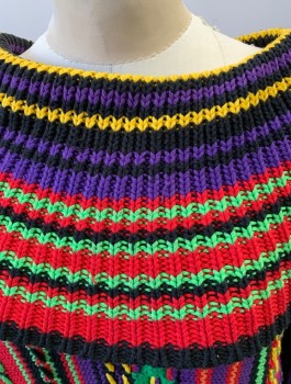 Womens, Sweater, Michael Simon, Purple, Yellow, Black, Lime Green, Red, Cotton, Zig-Zag , M, Multicolor, Knitted, Portrait Collar