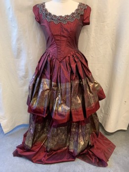 Womens, Historical Fiction Dress, MTO, Red Burgundy, Synthetic, Floral, W: 32, B: 40, Scoop Neckline with Gray Crochet Appliqué, Cap Sleeves, Self Floral Pattern, Boning on Bodice, Pleated Skirt, 2 Layer Ruffled Skirt, Metallic Gold Lace-Like Pattern on Each Ruffle Layer, Hook and Eye Back Bodice, Snap Back Skirt, 1800s