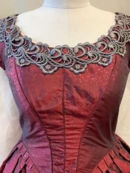 MTO, Red Burgundy, Synthetic, Floral, Scoop Neckline with Gray Crochet Appliqué, Cap Sleeves, Self Floral Pattern, Boning on Bodice, Pleated Skirt, 2 Layer Ruffled Skirt, Metallic Gold Lace-Like Pattern on Each Ruffle Layer, Hook and Eye Back Bodice, Snap Back Skirt, 1800s