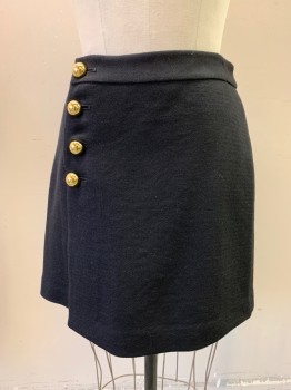 PHILLIP LIM, Black, Polyamide, Wool, Woven, Textured, Button Front, Buttons on Left Front, 4 Gold Buttons, Hem Above Knee