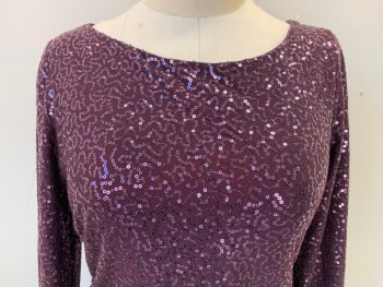 Womens, Cocktail Dress, DAVID MEISTER, Aubergine Purple, Polyester, Elastane, Solid, 4, Tiny Sequins, Long Sleeves, Large Open Back with Hook & Eye, Side Zipper, Ruched on Right Side