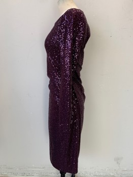 Womens, Cocktail Dress, DAVID MEISTER, Aubergine Purple, Polyester, Elastane, Solid, 4, Tiny Sequins, Long Sleeves, Large Open Back with Hook & Eye, Side Zipper, Ruched on Right Side