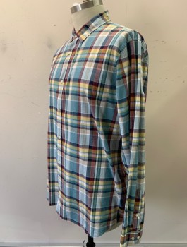 BANANA REPUBLIC, Slate Blue, Yellow, Gray, Maroon Red, Navy Blue, Cotton, Plaid, L/S, Button Front, Collar Attached, No Pocket, Slim Fit