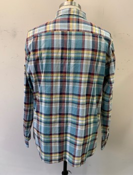 BANANA REPUBLIC, Slate Blue, Yellow, Gray, Maroon Red, Navy Blue, Cotton, Plaid, L/S, Button Front, Collar Attached, No Pocket, Slim Fit