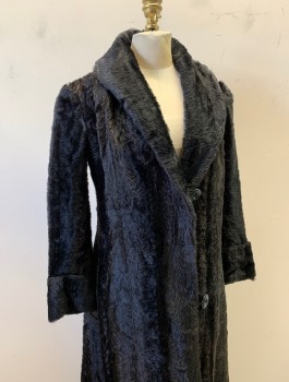 Womens, Coat 1890s-1910s, N/L, Black, Faux Fur, Solid, B:32, Shawl Lapel,  Wrapped Front with 2 Button and Loop Closures, Mid Calf Length,