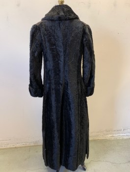 Womens, Coat 1890s-1910s, N/L, Black, Faux Fur, Solid, B:32, Shawl Lapel,  Wrapped Front with 2 Button and Loop Closures, Mid Calf Length,
