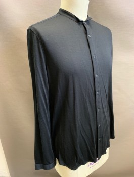 JOHN VARVATOS, Black, Wool, Solid, Jersey, Long Sleeves, Button Front, Band Collar with Wingtip, Corded Piping Along Placket