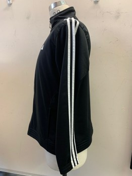 ADIDAS, Black, White, Polyester, Cotton, Solid, L/S, Zip Front, Side Pocket, stripes On Sleeves,