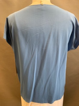 N/L, Dusty Blue, Silk, Solid, Sleeveless, Shell, 2 Button Placket, Pullover, Jewel Neck,
