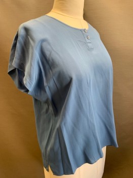 N/L, Dusty Blue, Silk, Solid, Sleeveless, Shell, 2 Button Placket, Pullover, Jewel Neck,