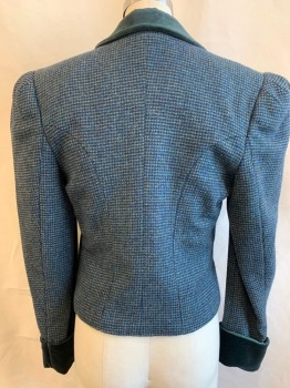 Womens, Blazer, ESCADA, Teal Blue, Forest Green, Beige, Wool, Cotton, Tweed, B36, Single Breasted, 1 Button, Cropped, 1/2 Velveteen Notched Lapel and Cuffs, 3 Pockets, Puff Shoulders
