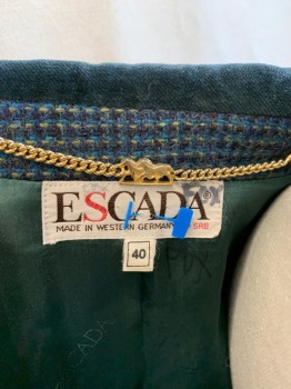 Womens, Blazer, ESCADA, Teal Blue, Forest Green, Beige, Wool, Cotton, Tweed, B36, Single Breasted, 1 Button, Cropped, 1/2 Velveteen Notched Lapel and Cuffs, 3 Pockets, Puff Shoulders