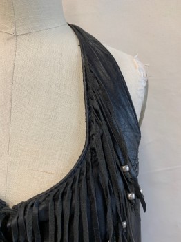 Womens, Leather Vest, N/L, Black, Silver, Leather, Metallic/Metal, Solid, B 36, Halter with 2 Snaps, Fringe with Silver Beads and 4 Silver Medallions Down Front, Leather Lacing Down Front and Left Side *Right Side is Missing Lacing*