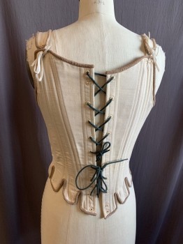 Womens, Historical Fiction Corset, MTO, Beige, Dk Beige, Cotton, Microfiber, Solid, W26, B30, Back Side of Straps Removable, Front and Back Lacing, Dark Beige Trim