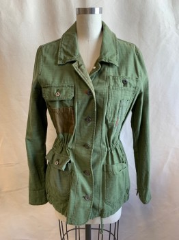 Womens, Casual Jacket, HEI HEI, Olive Green, Cotton, Patchwork, S, Metal Button Front, Patchwork Back with Butterfly, Collar Attached, 6+ Pockets, Drawstring Waist, Elastic Hem, Button Cuff