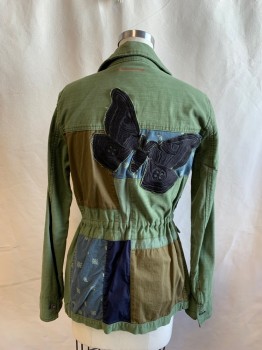 HEI HEI, Olive Green, Cotton, Patchwork, Metal Button Front, Patchwork Back with Butterfly, Collar Attached, 6+ Pockets, Drawstring Waist, Elastic Hem, Button Cuff